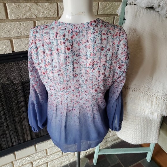 Ecru Blue Light, Airy Boho Floral Chiffon Poet Sleeve Ombre Blouse/Top XS/S - Picture 4 of 9